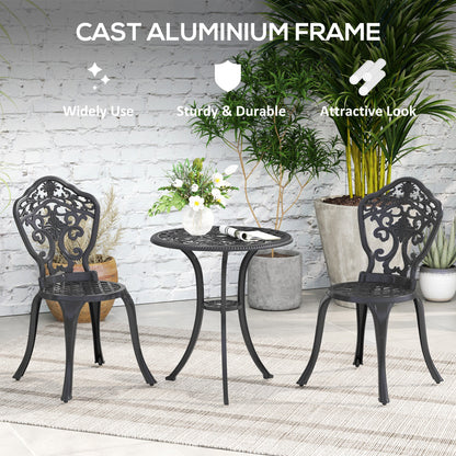 Outsunny 3 Piece Cast Aluminium Garden Bistro Set for 2 with Parasol Hole, Outdoor Coffee Table Set, Two Armless Chairs and Round Coffee Table for Balcony, Patio, Black