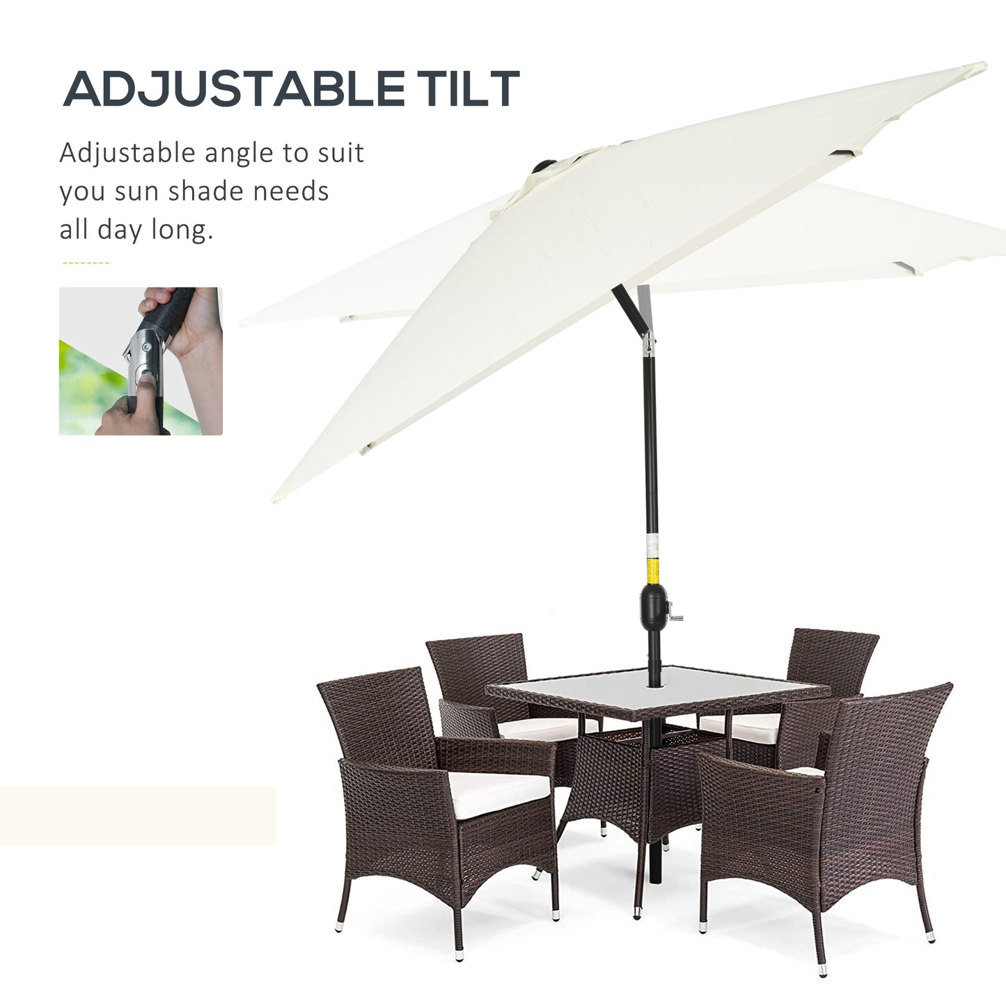 Outsunny 3x2m Garden Parasol Umbrella with Tilt and Crank, Outdoor Sun Shade Canopy with Aluminium Frame and Steel Ribs, Rectangular, Cream White