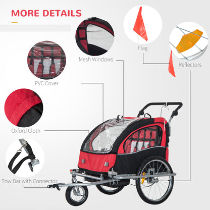 HOMCOM Bike Trailer 2-Seater for Bicycle Baby Child Carrier in Steel Frame (Black and Red)