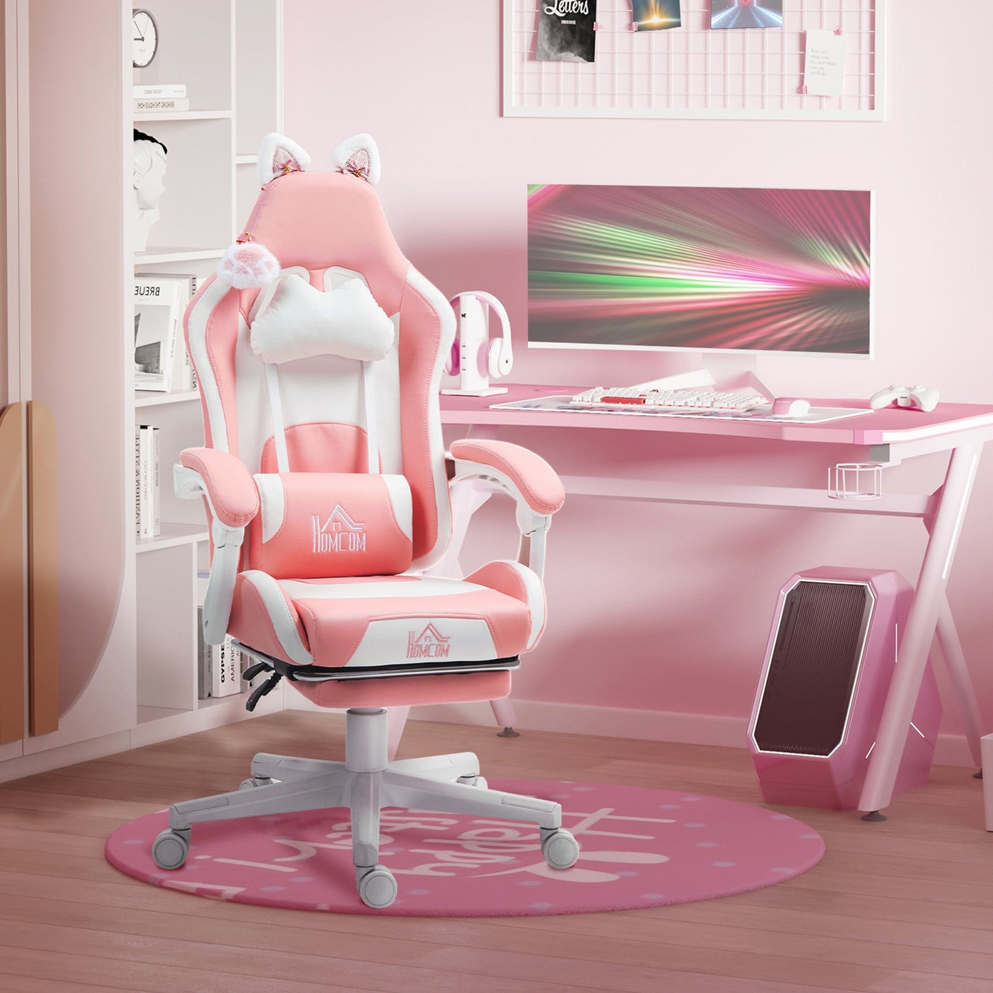 HOMCOM Cat Ear and Paw Reclining Office Chair, with Footrest - Pink/White