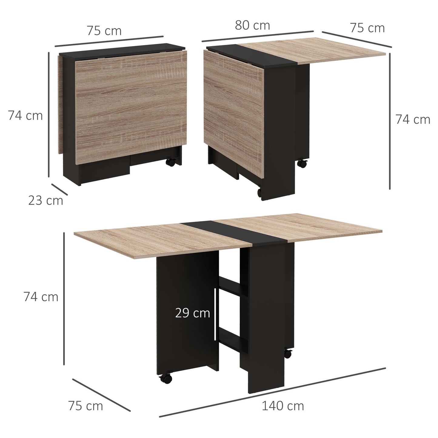 HOMCOM Folding Dining Table, Drop Leaf Table for Small Spaces with 2-tier Shelves, Small Kitchen Table with Rolling Casters, Oak and Black