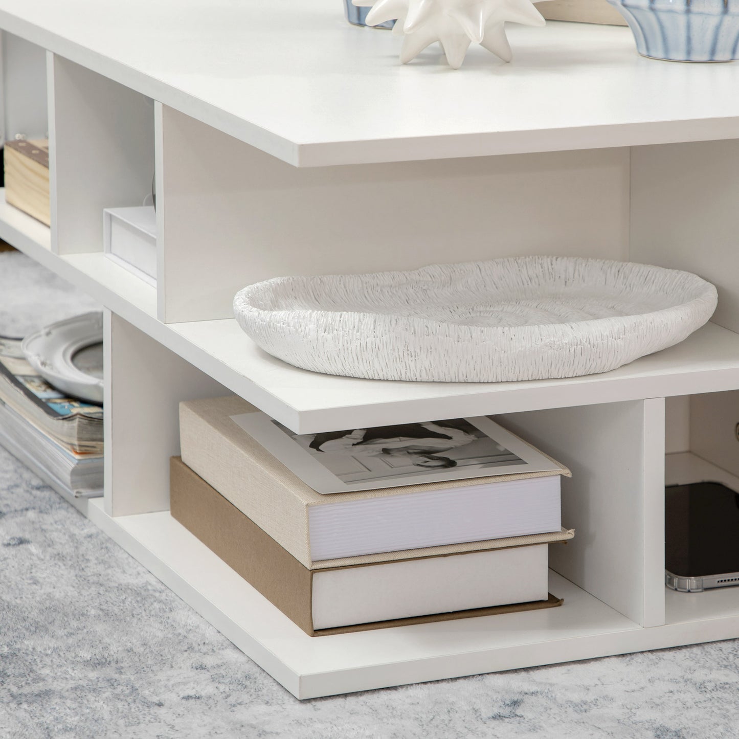 HOMCOM Square Coffee Tables for Living Room, Modern Cocktail Table with Multiple Storage Shelves, 70 x 70 x 36.5 cm, White