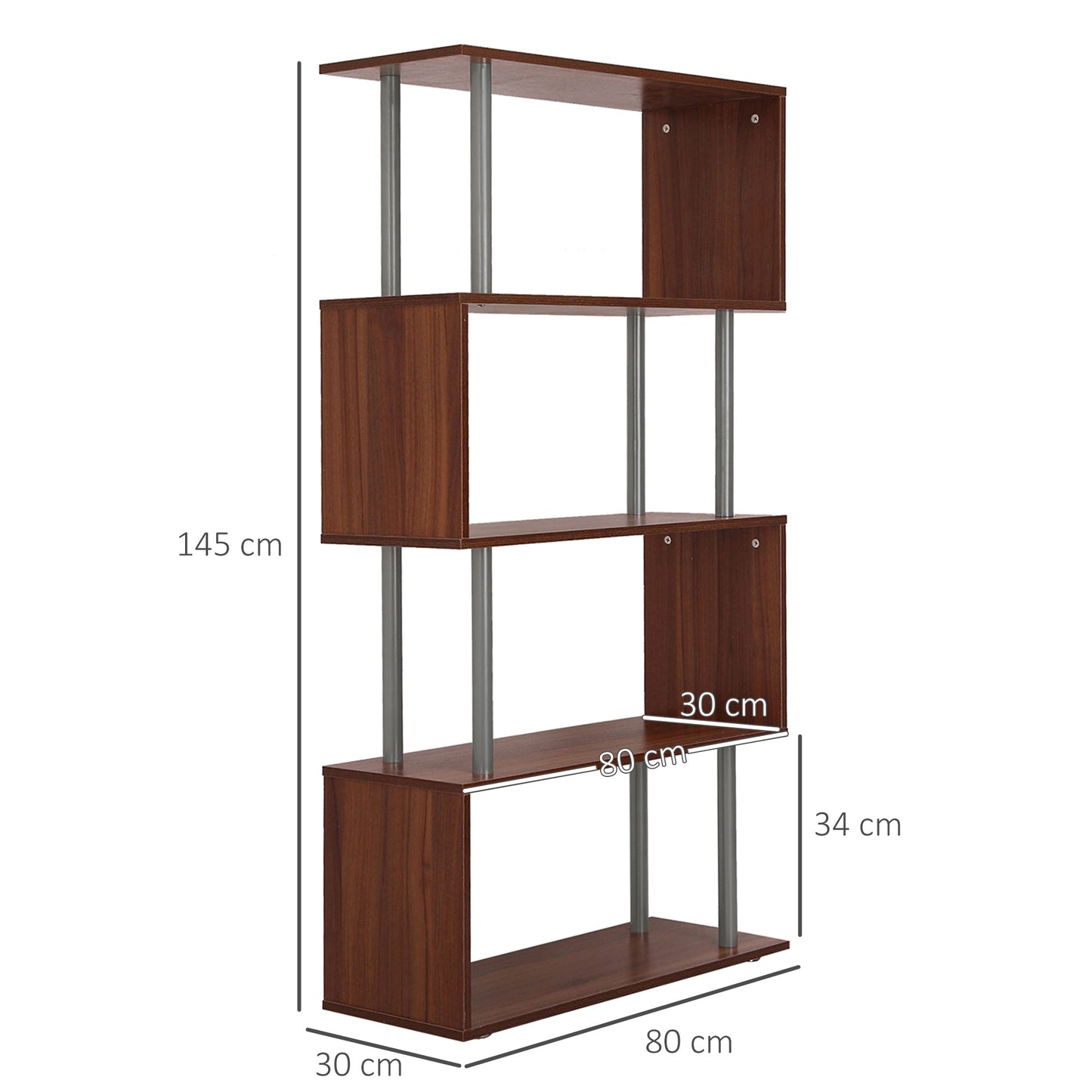 HOMCOM 4-Tires Wooden Bookcase S Shape Storage Bookshelf Display for Living Room, Bedroom, Office with Steel Frame, Walnut