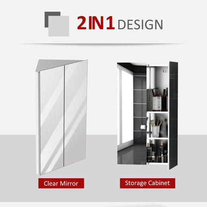 kleankin Corner Mirrored Bathroom Cabinet w/ 3 Shelves 2 Doors On-Wall Storage Unit Organiser Stainless Steel Frame Home Furnishing