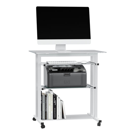 HOMCOM Compact Computer Desk with Keyboard Tray and Wheels, Mobile Home Office Desk for Small Spaces with Sliding Tempered Glass Shelf, White