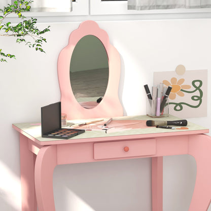 ZONEKIZ Kids Dressing Table with Mirror, Stool, Drawer, Cute Animal Design - Pink