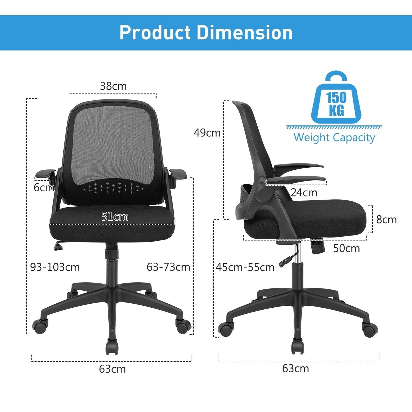 Height Adjust Swivel Rolling Mesh Office Chair with Ergonomic Mid-Back-Black