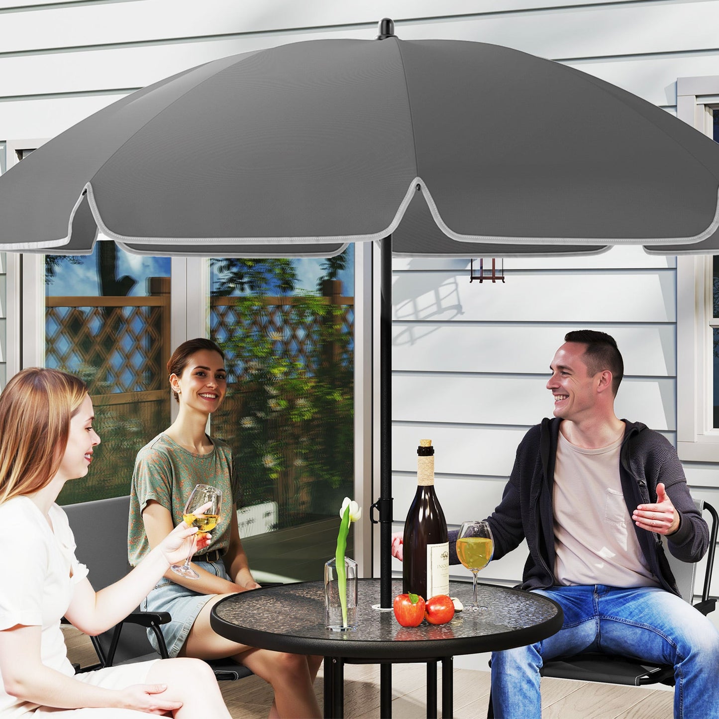 Outsunny 4 Seater Garden Furniture Set, 6 Pieces Garden Table and Chairs with Parasol, Outdoor Garden Dining Set with Folding Chairs and Round Glass Top Table for Patio, Grey