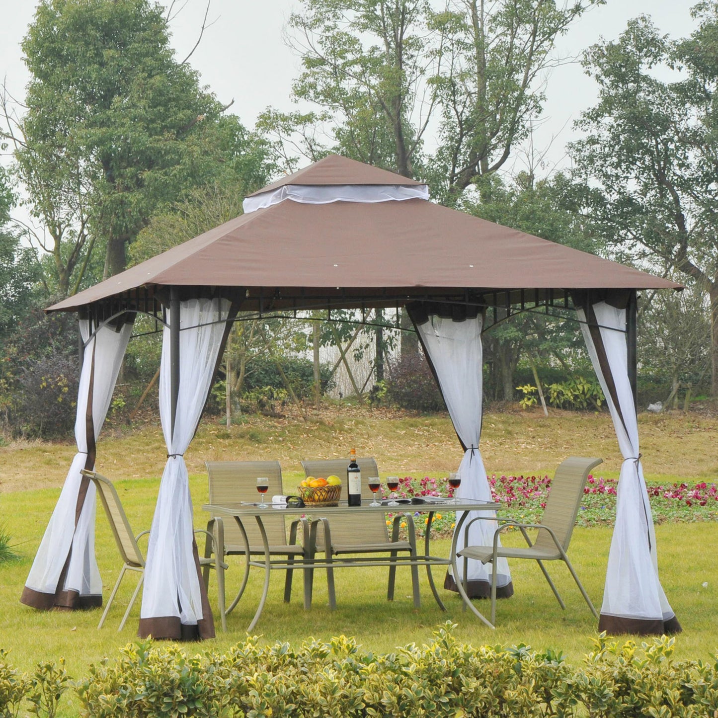 Outsunny 3 x 3 meter Patio Metal Gazebo Square Outdoor Party Wedding Canopy Shelter w/Mesh - Brown