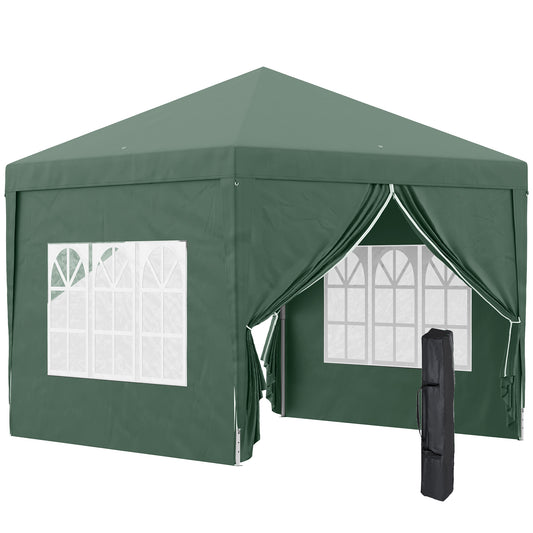 Outsunny 3 x 3 m Garden Pop Up Gazebo, Wedding Party Tent Marquee, Water Resistant Awning Canopy with Sidewalls, Windows, Carry Bag, Green