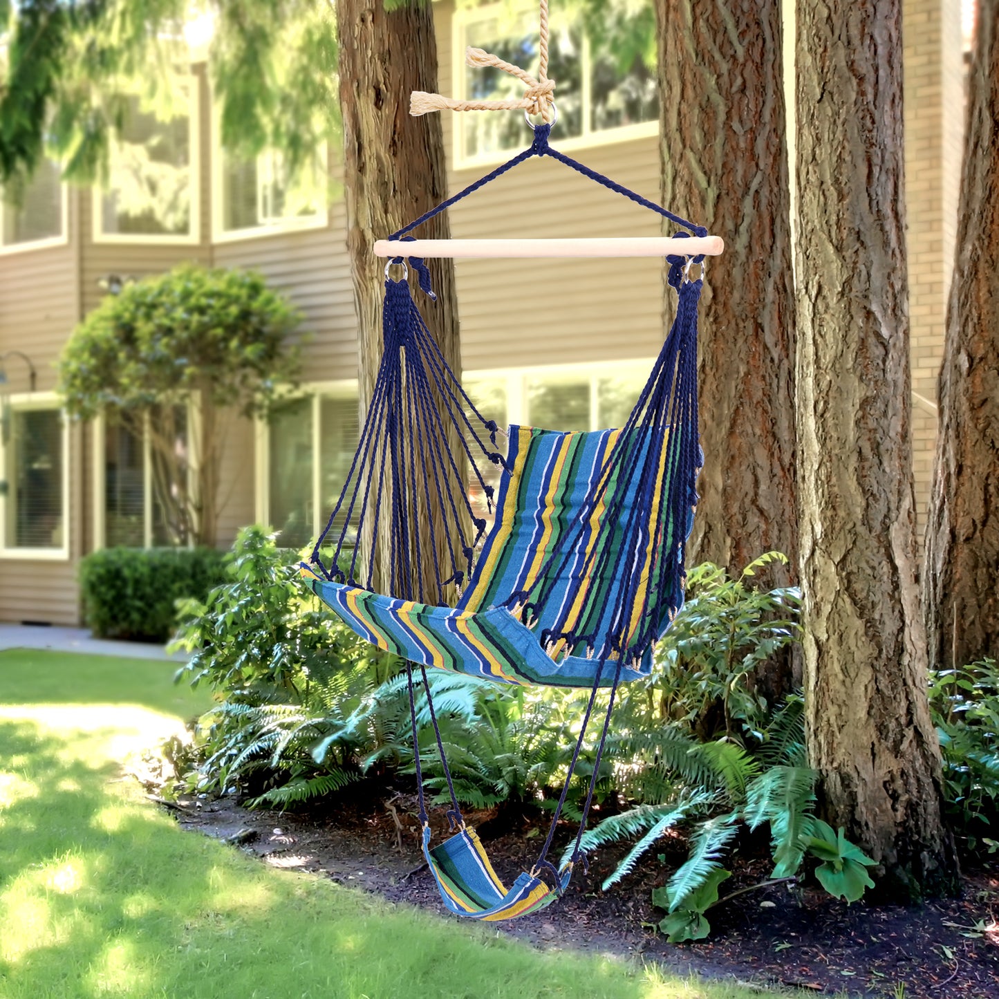 Outsunny Outdoor Hammock Hanging Rope Garden Yard Patio Swing Chair Seat Woodenwith Footrest Cotton Cloth Blue Stripe