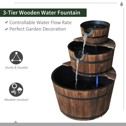 Outsunny Wooden Water Pump Fountain Cascading Feature Barrel Garden Deck (3 Tier)