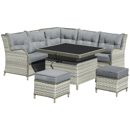 Outsunny 6 Pieces Patio PE Rattan Dining Sofa Set, Outdoor Wicker Sectional Conversation Aluminum Frame Furniture Set w/ Thick Padded Cushion & Liftable Coffee Table, Grey