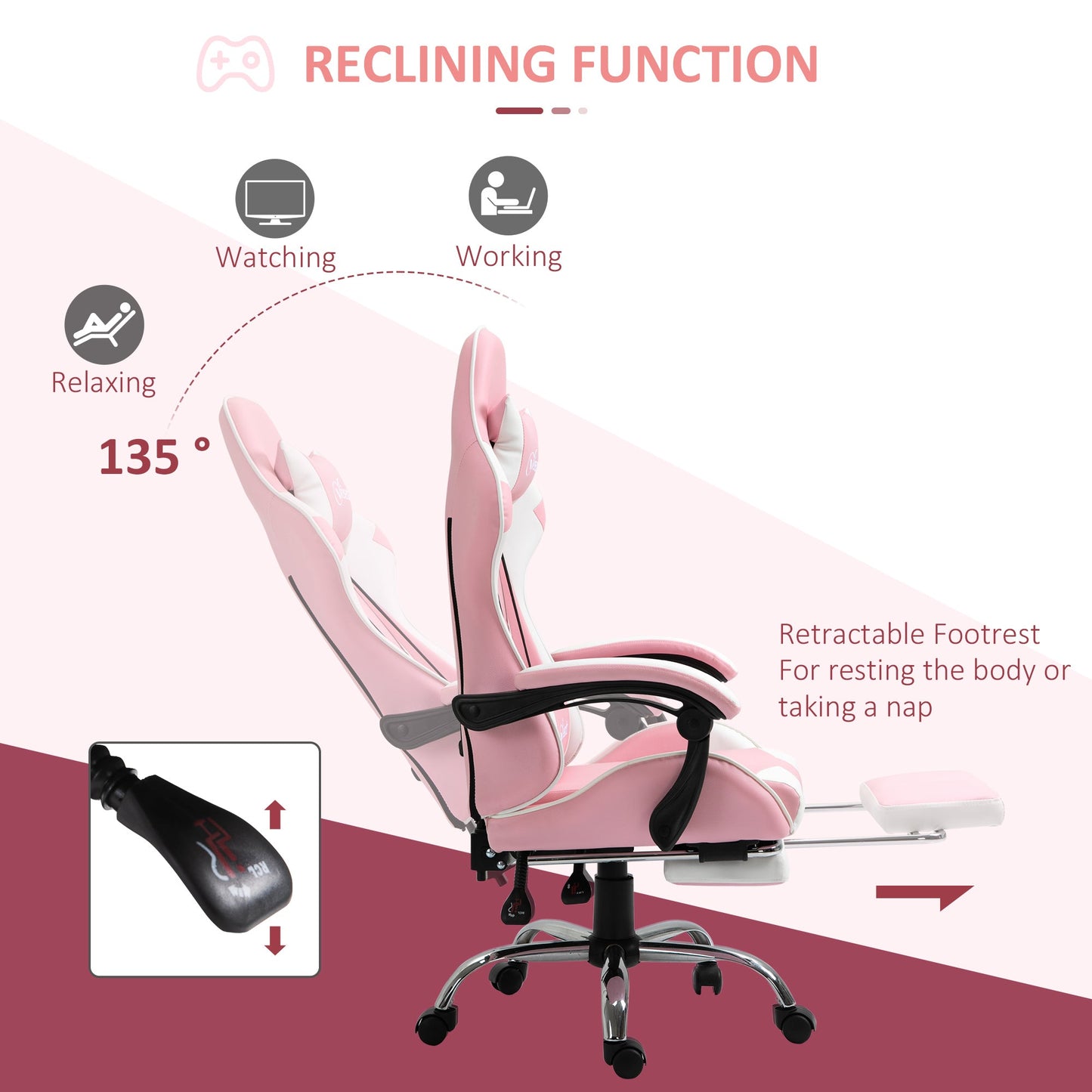 Vinsetto Pink Computer Gaming Chair, Desk Chair with 135√Ç¬∞ Reclining Back and Retractable Footrest, Adjustable PU Leather Lumbar Support and Headrest, Steel Base for Adults, Girls