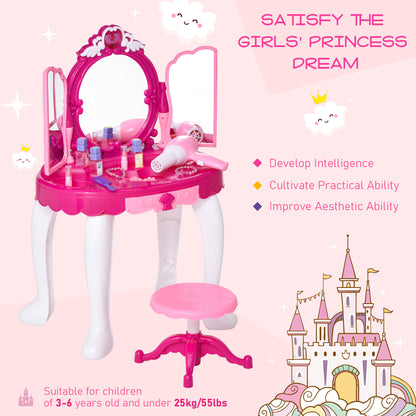 HOMCOM 26 Pcs Kids Children Vanity Dressing Table Magic Glamour Princess Mirror Makeup Table Stool Set w/ Beauty Kit Lights Music Jewellery Pretend Toy Fuchsia