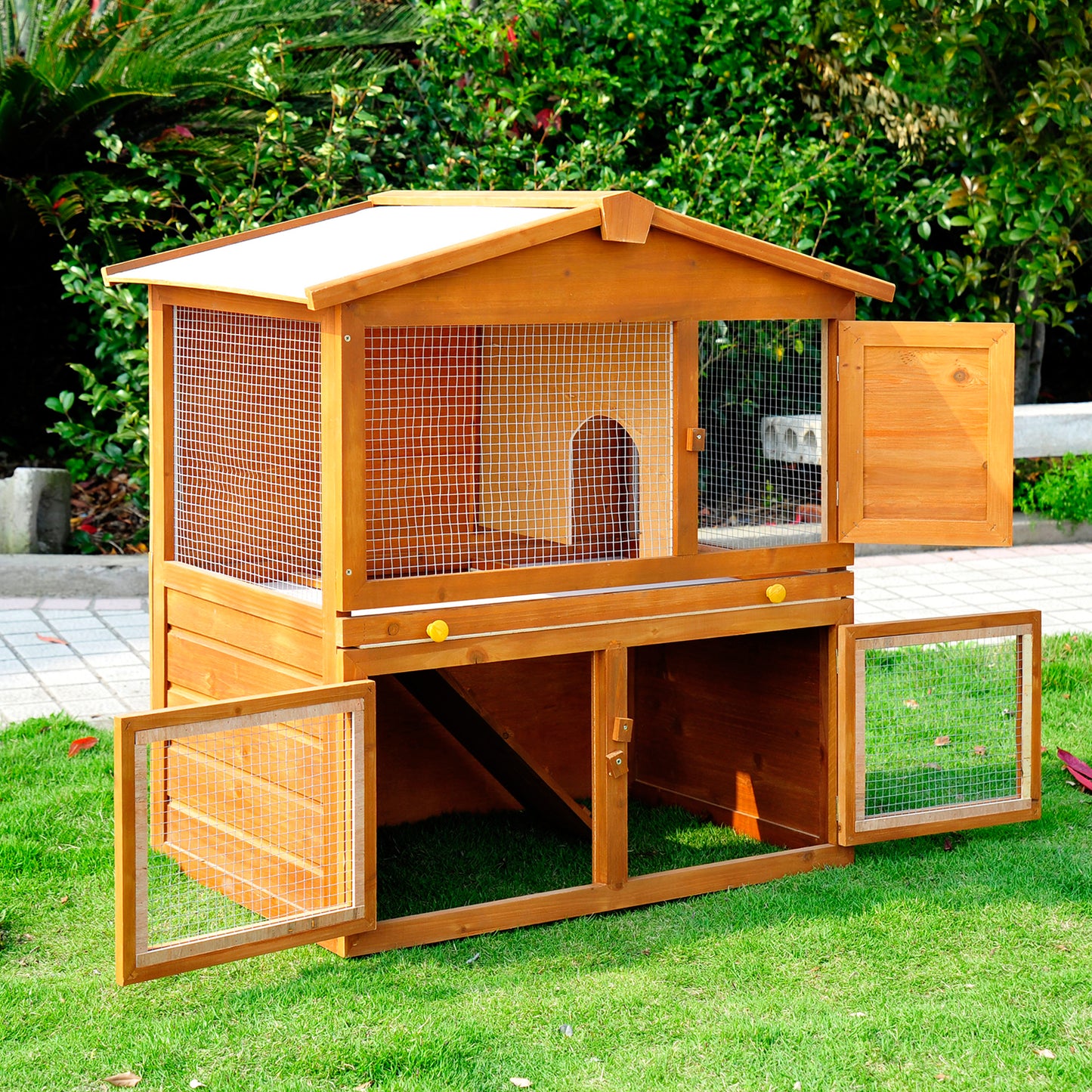 PawHut Wooden Rabbit Hutch House, Size (93.5x55x98 cm)