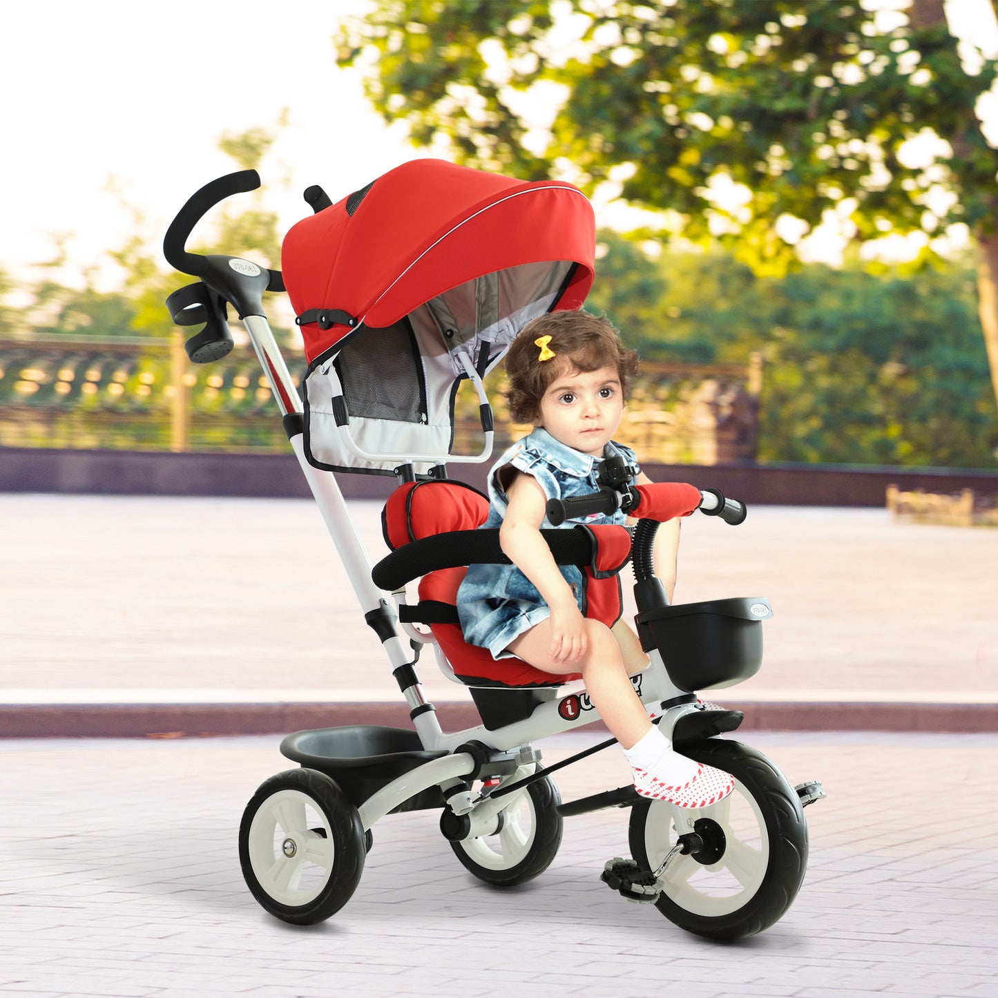 HOMCOM 4 in 1 Tricycle for Kids Toddler Folding Trike with Parent Handle Reversible Seat Adjustable Handle Removable Canopy Safety Belt for 18 Months to 5 Years Red