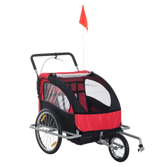 HOMCOM Collapsible Bike Trailer 2-Seater Child Stroller Baby Jogger with Pivot Wheel-Red