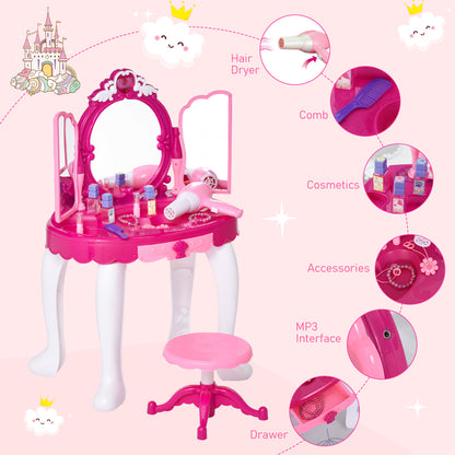 HOMCOM 26 Pcs Kids Children Vanity Dressing Table Magic Glamour Princess Mirror Makeup Table Stool Set w/ Beauty Kit Lights Music Jewellery Pretend Toy Fuchsia