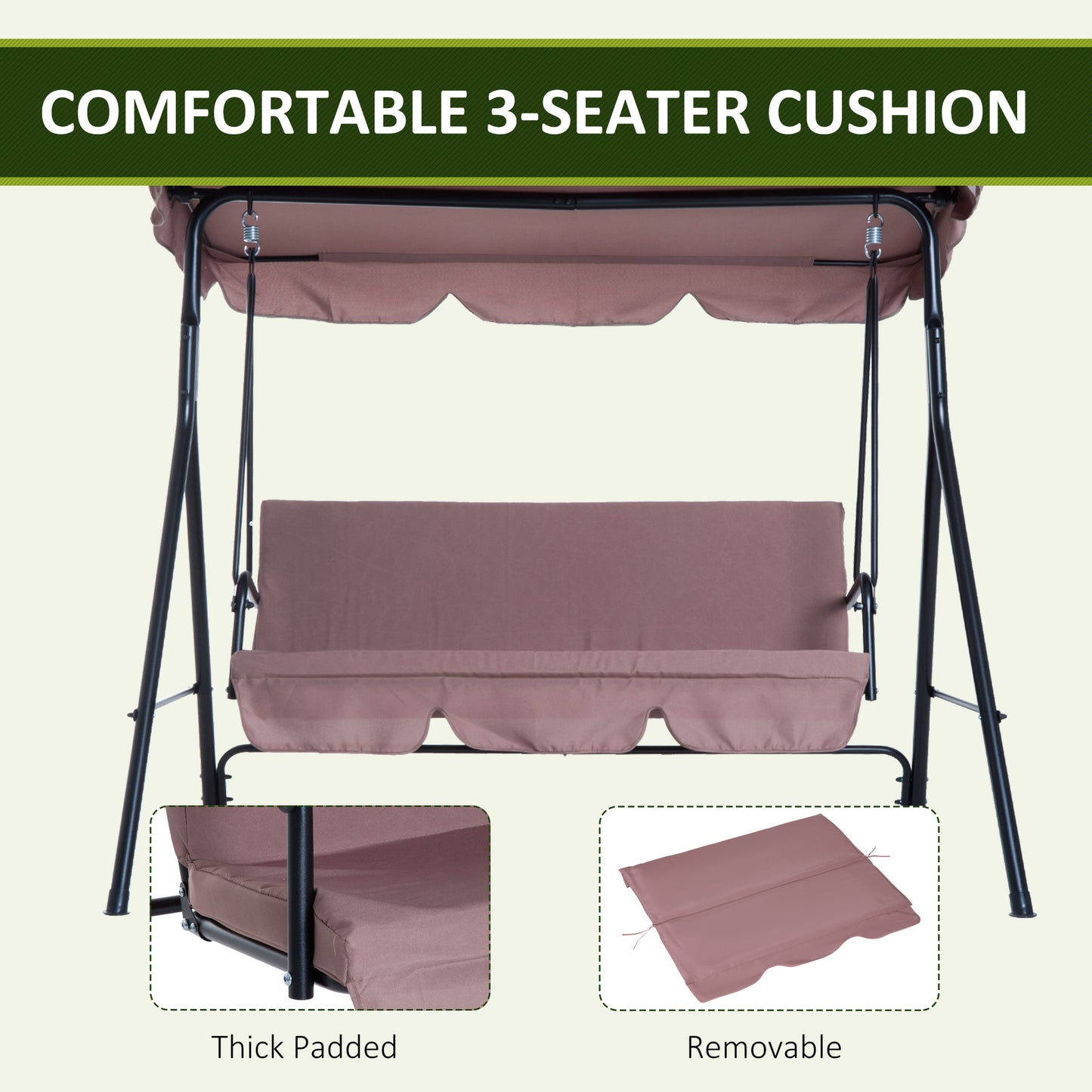 Outsunny 3 Seater Canopy Swing Chair Garden Rocking Bench Heavy Duty Patio Metal Seat w/ Top Roof - Brown