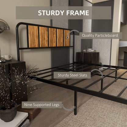 HOMCOM 4.8ft Double Bed Frame with Industrial Wood Headboard, Steel Slat Support and 25.5cm Underbed Storage Space, 145 x 199cm, Rustic Brown