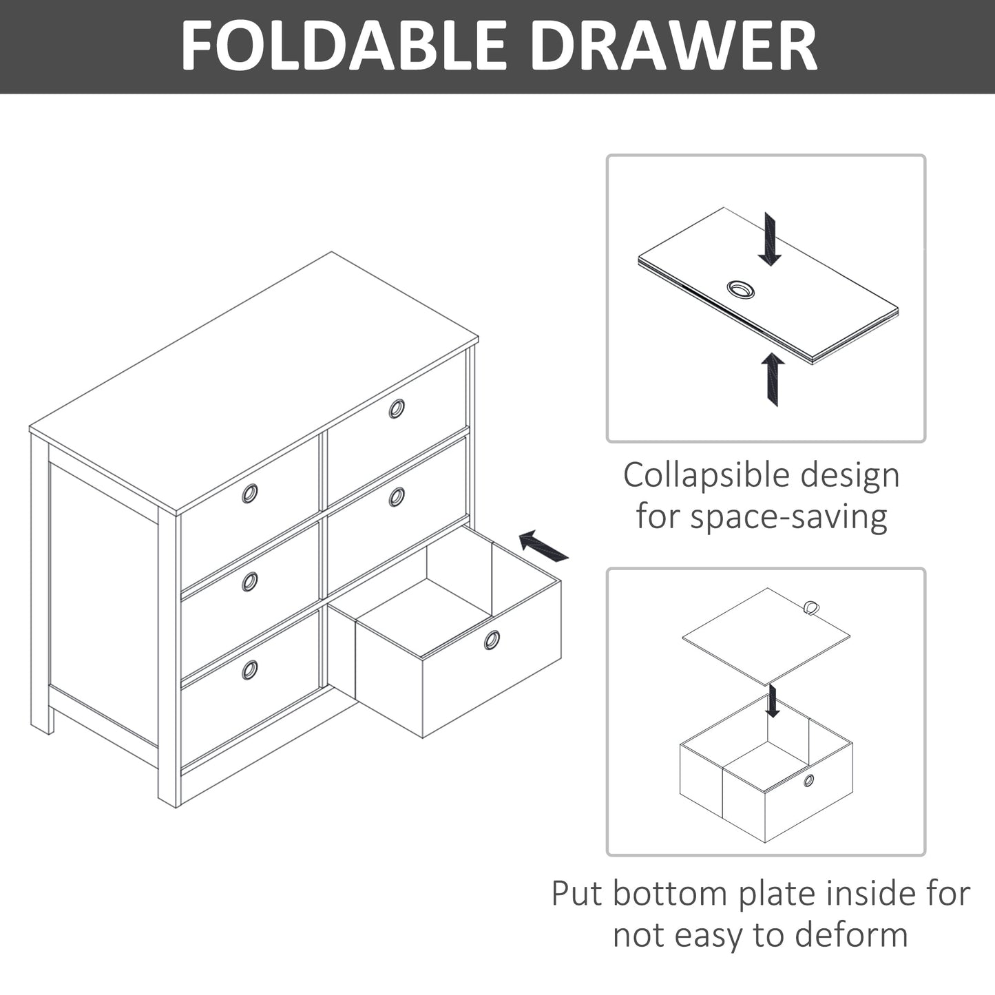 HOMCOM Chests of Drawer, Fabric Dresser Storage Cabinet with 6 Drawers for Bedroom, Living Room and Hallway, White and Grey