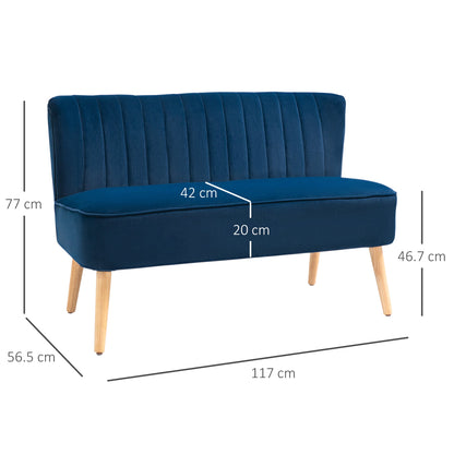 HOMCOM Modern Velvet Double Seat Sofa w/ Wood Frame Foam Padding High Back Soft Comfortable Compact Couch Blue