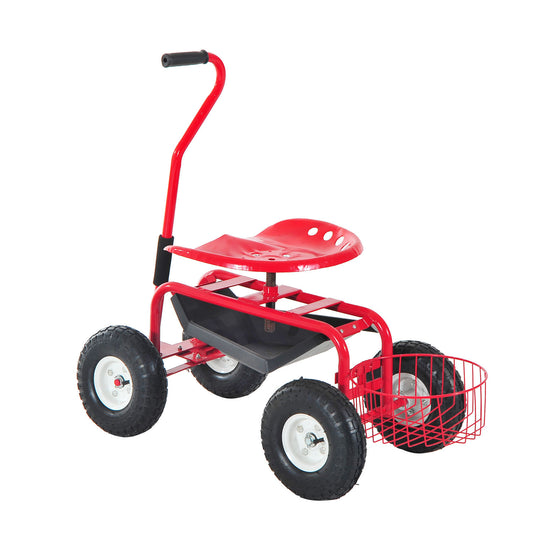 Outsunny Adjustable Rolling Garden Cart Outdoor Gardening Planting Station Trolley Swivel Gardener Work Seat Heavy Duty With Tool Tray & Basket Red 150kg