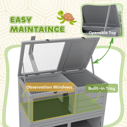 PawHut Wooden Tortoise House with Storage Cabinet, Openable Top, Lamp Holder, Transparent Observation Windows, Light Grey