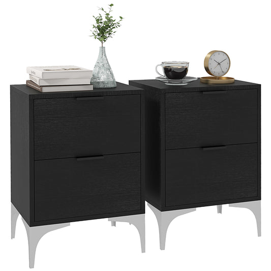 HOMCOM Set of Two Wood Effect Bedside Tables with Silver Steel Base, Black