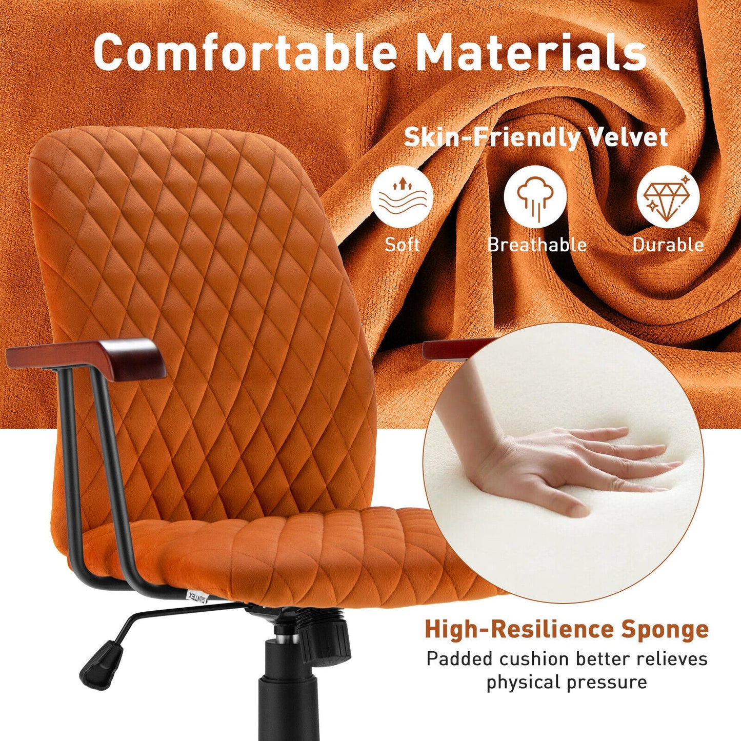 Adjustable Velvet Rocking Leisure Chair with Padded Seat and Rubber Wood Armrests-Orange