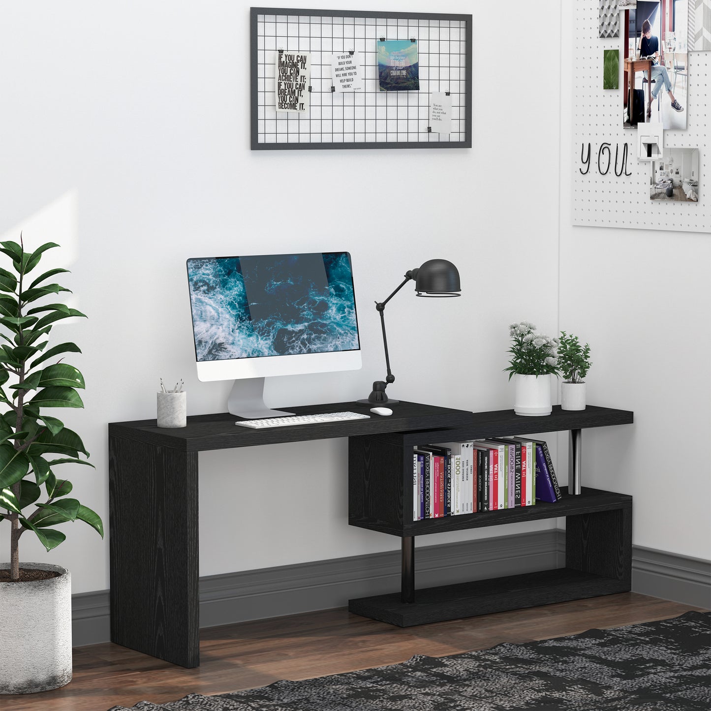 HOMCOM L Shaped Desk with 360√Ç¬∞ Rotating Storage Shelves, Corner Computer Desk, Space Saving Study Table for Home Office, Black