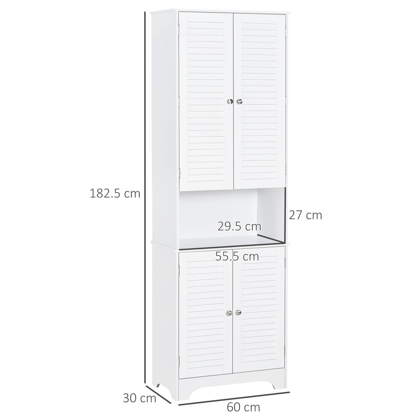 HOMCOM Tall Freestanding Bathroom Cabinet Retro Shutters w/ 3 Compartments Shelves Elevated Base Narrow Organiser White 60L x 30W x 182.5H cm