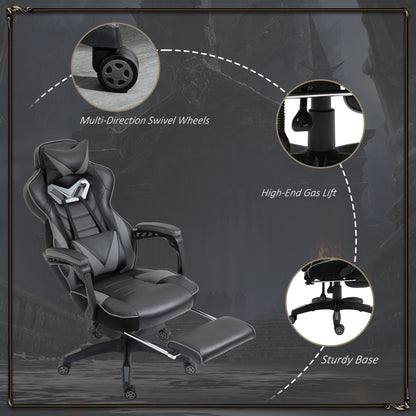 Vinsetto Computer Gaming Chair, Racing Desk Chair with Lumbar Support and Footrest, PU Leather Gamer Chair with Headrest and Swivel Wheels for Home, Grey