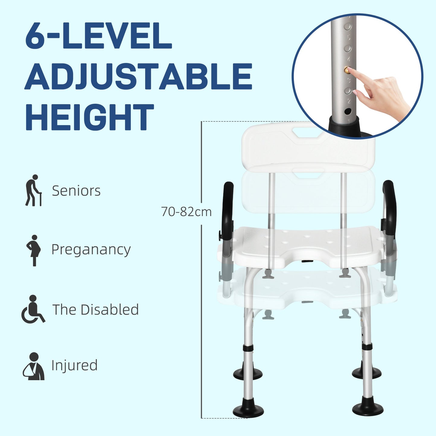 HOMCOM Shower Chair for the Elderly and Disabled, Height Adjustable Shower Stool with Back and Flipped Padded Arms, Suction Foot Pads, White