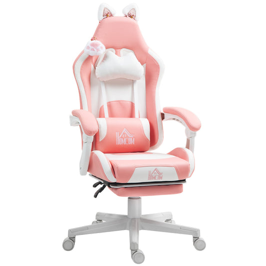 HOMCOM Cat Ear and Paw Reclining Office Chair, with Footrest - Pink/White