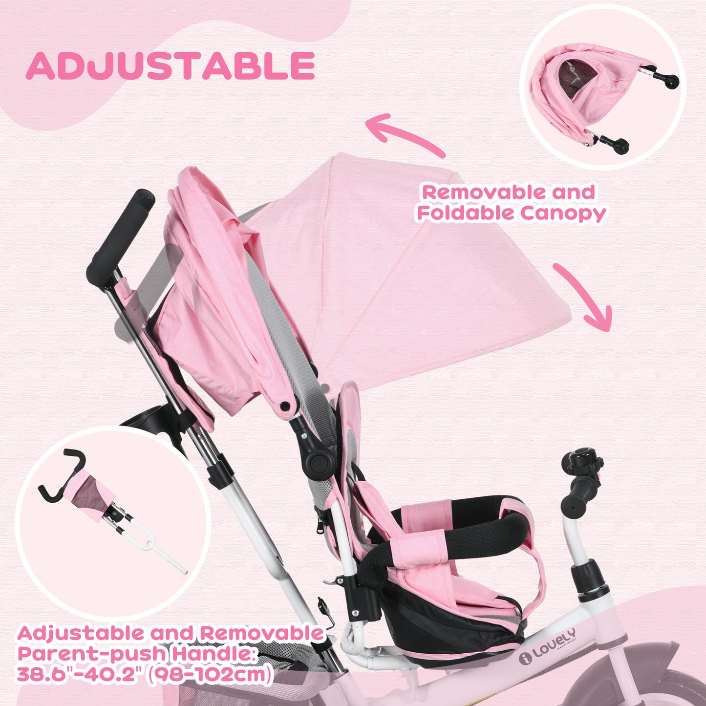 HOMCOM 6 in 1 Kids Trike with Parent Handle, Canopy, 5-point Safety Belt, Storage, Footrest, Brake, for 1-5 Years, Pink