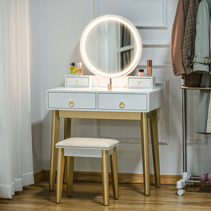 HOMCOM Dressing Table Set with Mirror, Built-in 3 Color LED Light, Vanity Makeup Table with 4 Drawers and Cushioned Stool for Bedroom, White