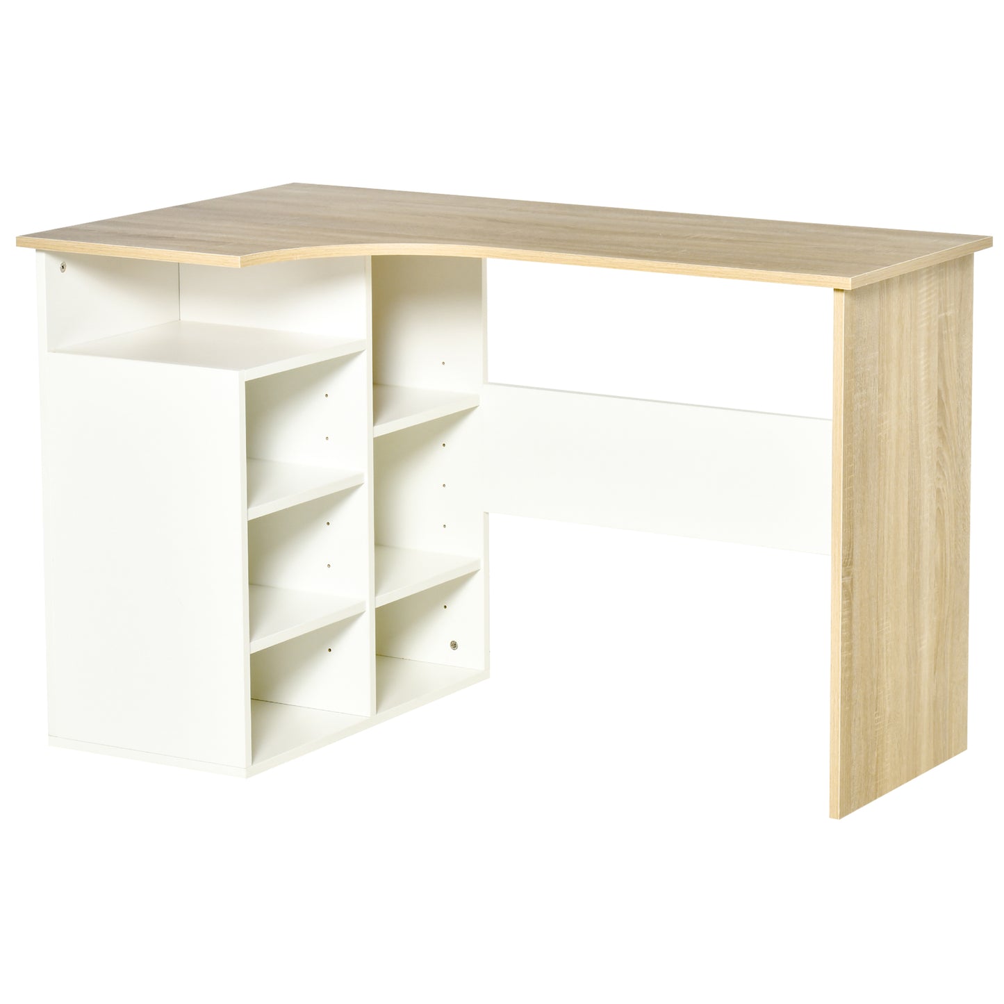 HOMCOM L-Shaped Desk, Corner Computer Desk, Study Table with Storage Shelf Office Home Workstation - Oak Tone and White