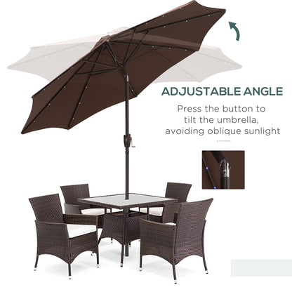 Outsunny √é¬¶2.7m Garden 24 LED Light Parasol Solar Outdoor Tilt Sun Umbrella Patio Club Party Event Manual Sun Shade w/ Hand Crank and 8 Ribs, Brown