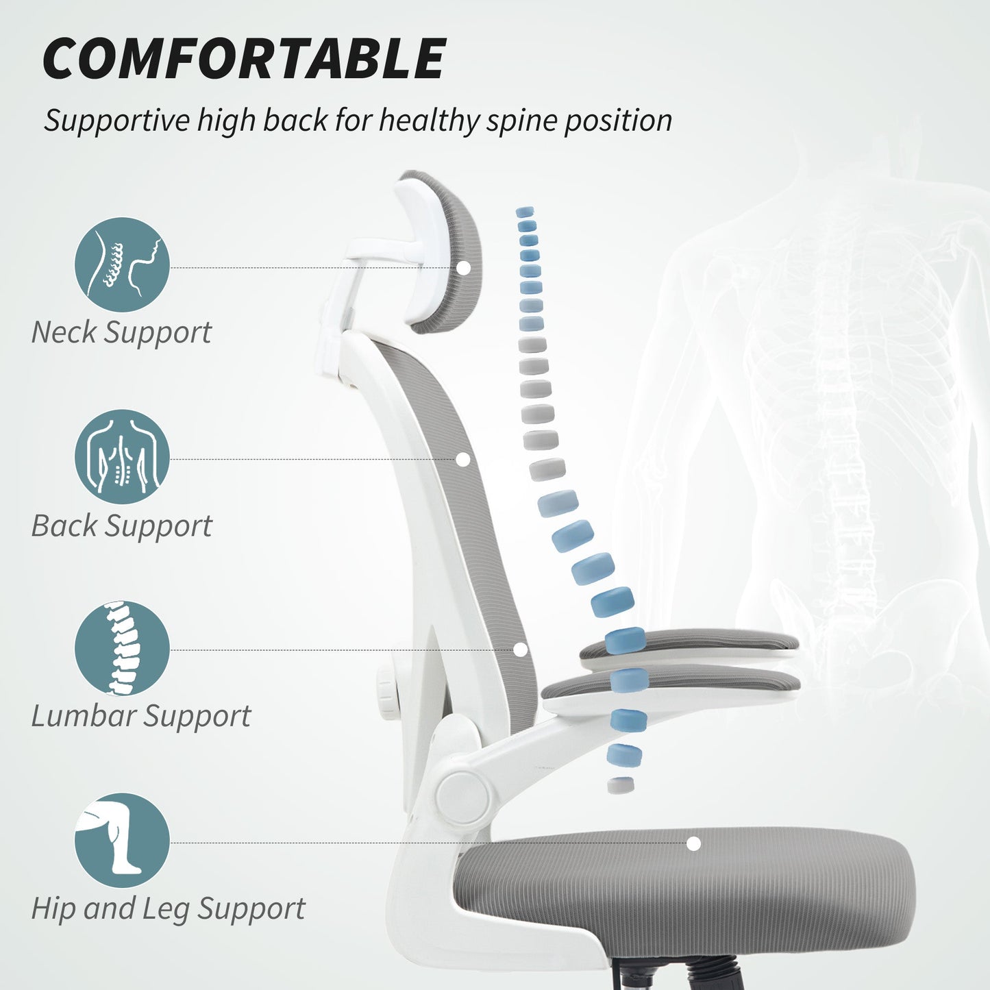 HOMCOM Executive Office Chair, Ergonomic Mesh High Back Desk Chair with Flip-up Armrest, Rotatable Headrest, Adjustable Lumbar Support, Swivel Computer Chair for Home Study, Grey