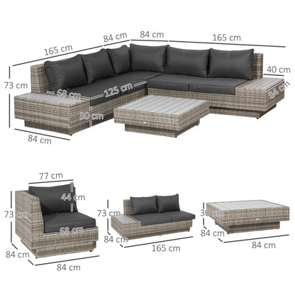 Outsunny 4 PCs Rattan Garden Furniture Outdoor Sectional Corner Sofa and Coffee Table Set Conservatory Wicker Weave Furniture with Armrest and Cushions - Light Grey