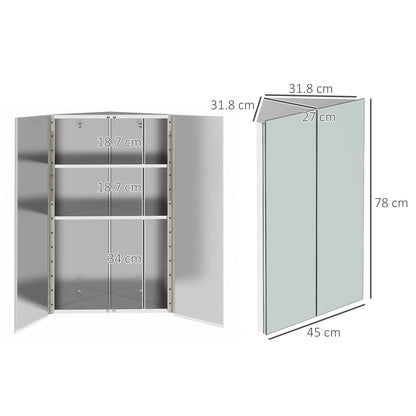 kleankin Corner Mirrored Bathroom Cabinet w/ 3 Shelves 2 Doors On-Wall Storage Unit Organiser Stainless Steel Frame Home Furnishing