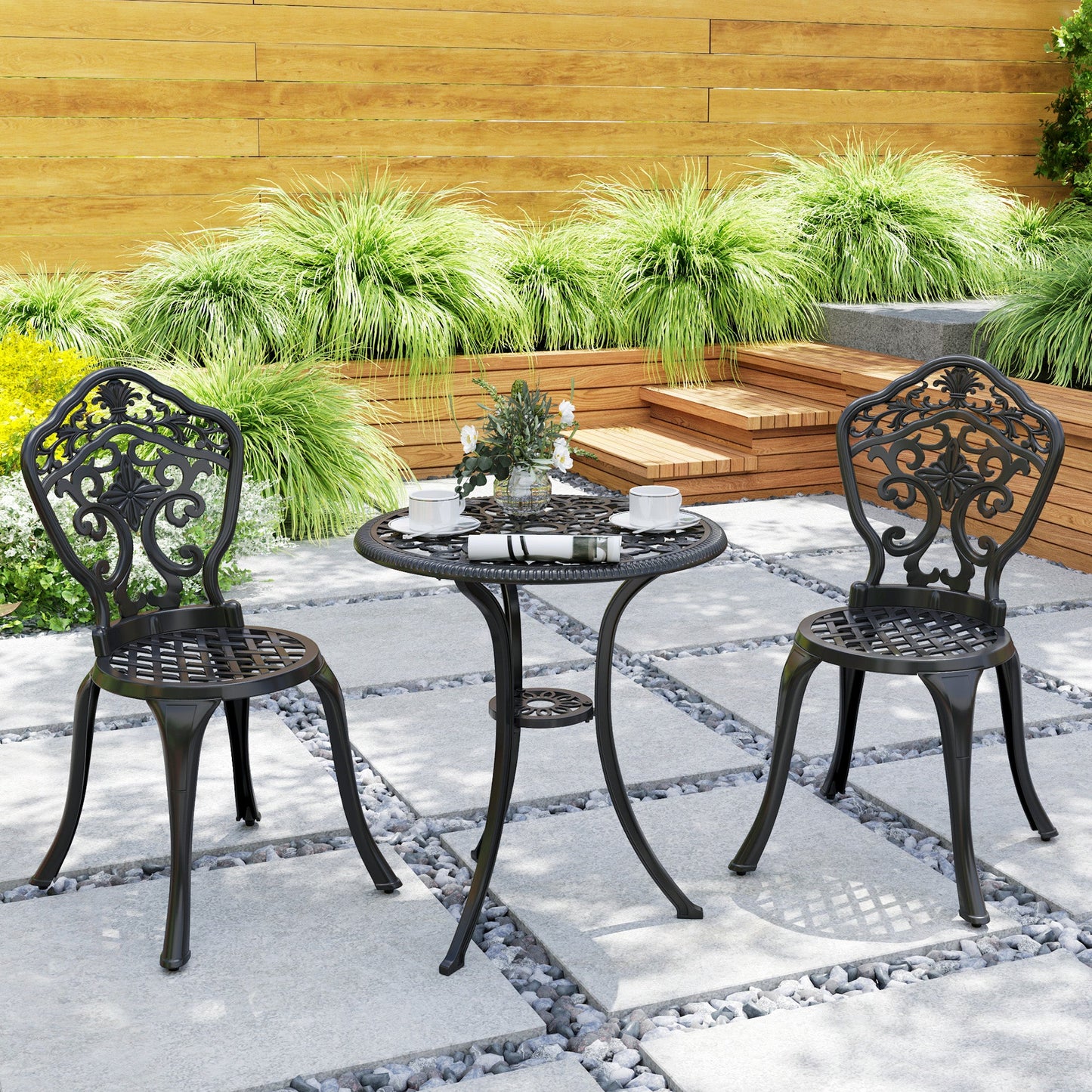 Outsunny 3 Piece Cast Aluminium Garden Bistro Set for 2 with Parasol Hole, Outdoor Coffee Table Set, Two Armless Chairs and Round Coffee Table for Balcony, Patio, Black