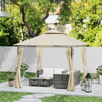 Outsunny 3 x 3 m Garden Gazebo, Double Roof Metal Gazebo with Curtains and Solar-Powered LED Lights, Outdoor Gazebo Canopy Shelter for Patio, Deck, Beige