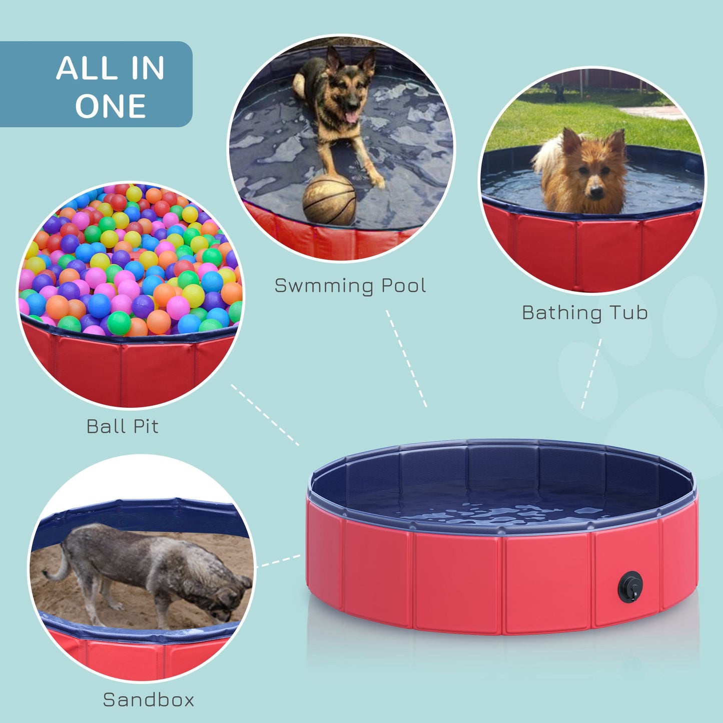 PawHut Foldable Dog Paddling Pool Pet Cat Swimming Pool Indoor/Outdoor Collapsible Summer Bathing Tub Shower Tub Puppy Washer (√é¬¶80 √É‚Äî 20H cm, Red)