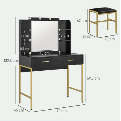 HOMCOM Dressing Table Set, with Storage and Stool - Black