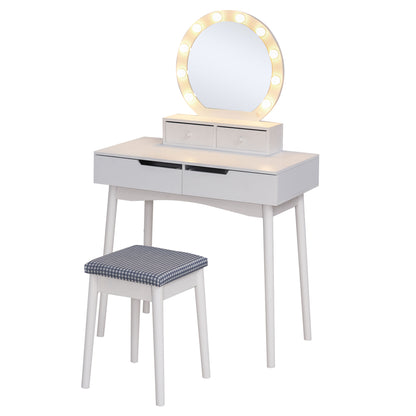 HOMCOM Dressing Table Set with LED with Table Stool Table Stool Set Makeup Dresser Desk with 4 Drawers for Bedroom White