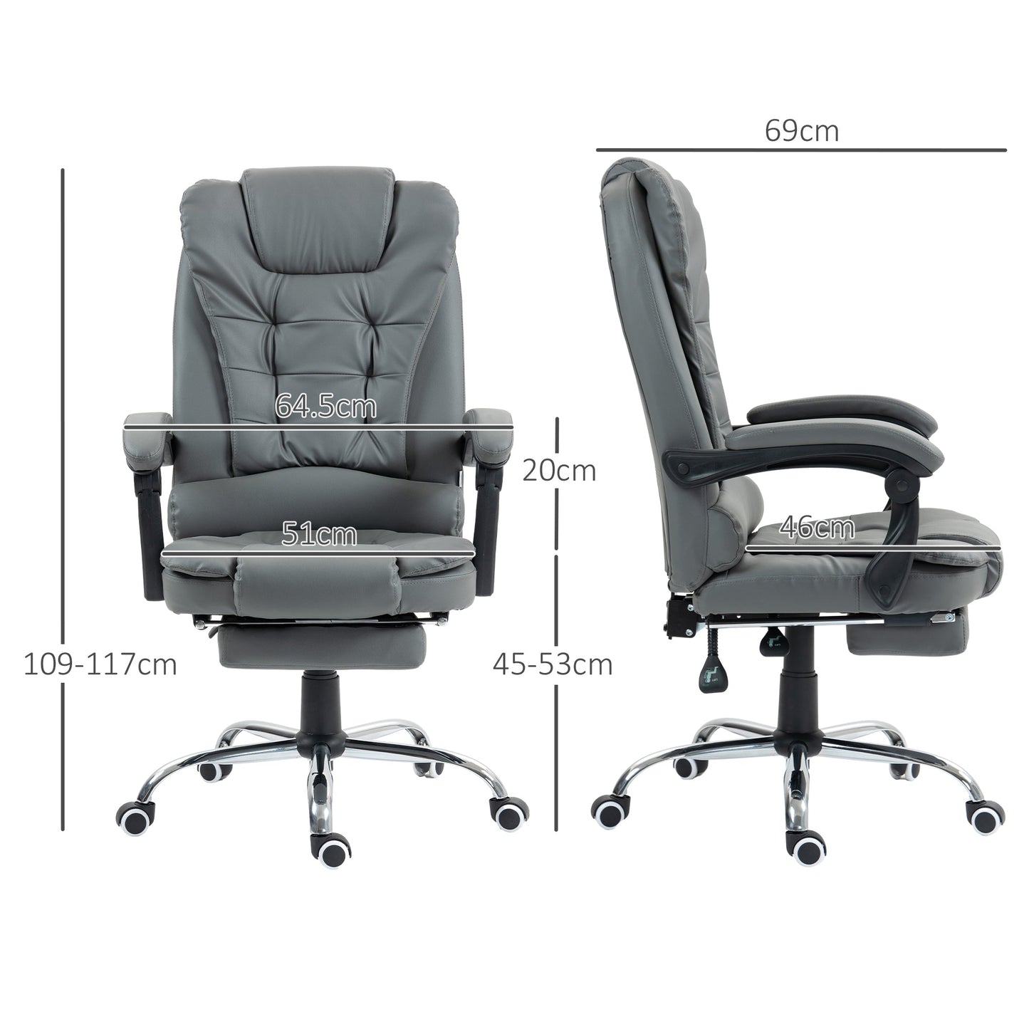 HOMCOM Executive Office Chair, Home Office Chair with Swivel Wheels, Reclining Backrest, Retractable Footrest, Grey