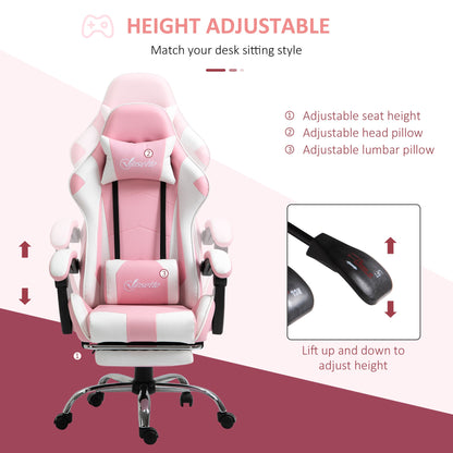 Vinsetto Pink Computer Gaming Chair, Desk Chair with 135√Ç¬∞ Reclining Back and Retractable Footrest, Adjustable PU Leather Lumbar Support and Headrest, Steel Base for Adults, Girls